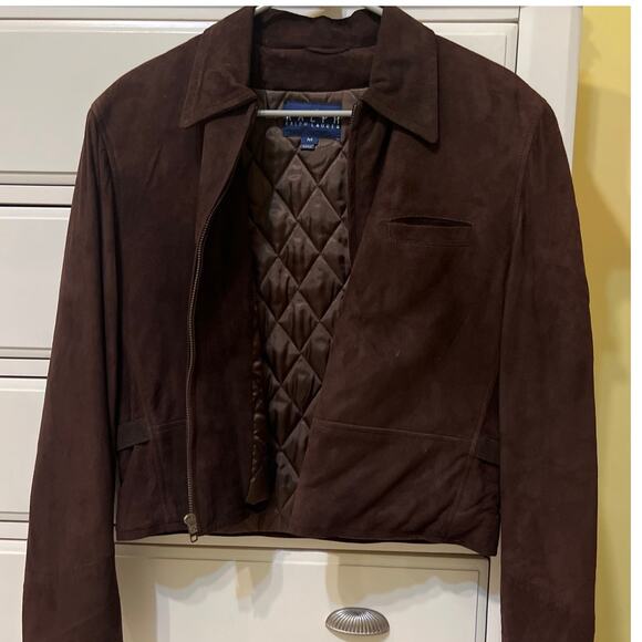 SOLD SOLD Ralph Lauren Chocolate Brown Cropped 100% Suede Leather Jacket Size - Picture 4 of 7